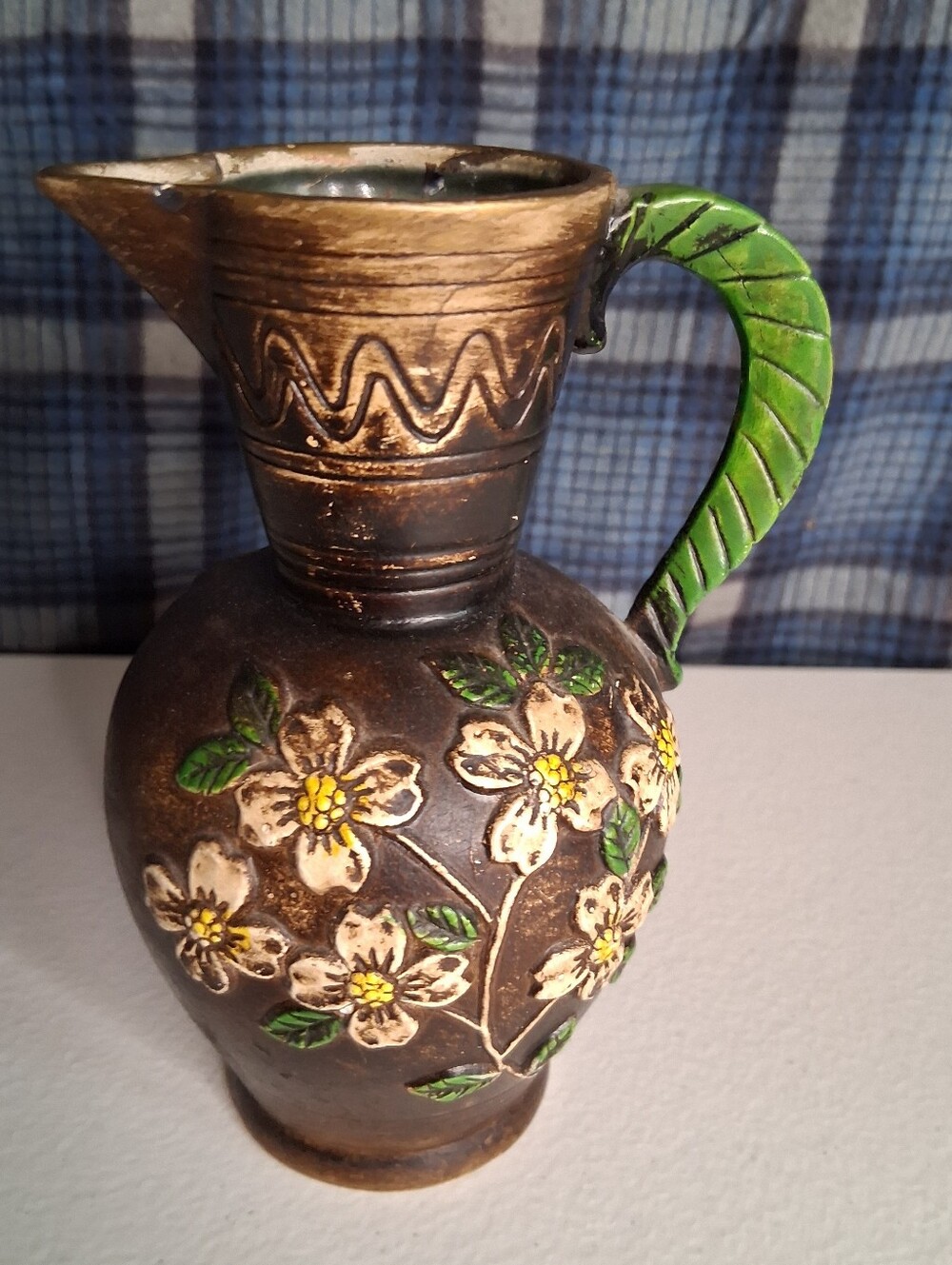 Vintage Green-Handled Floral Ceramic Pitcher - Decorative Home Art 5.5"